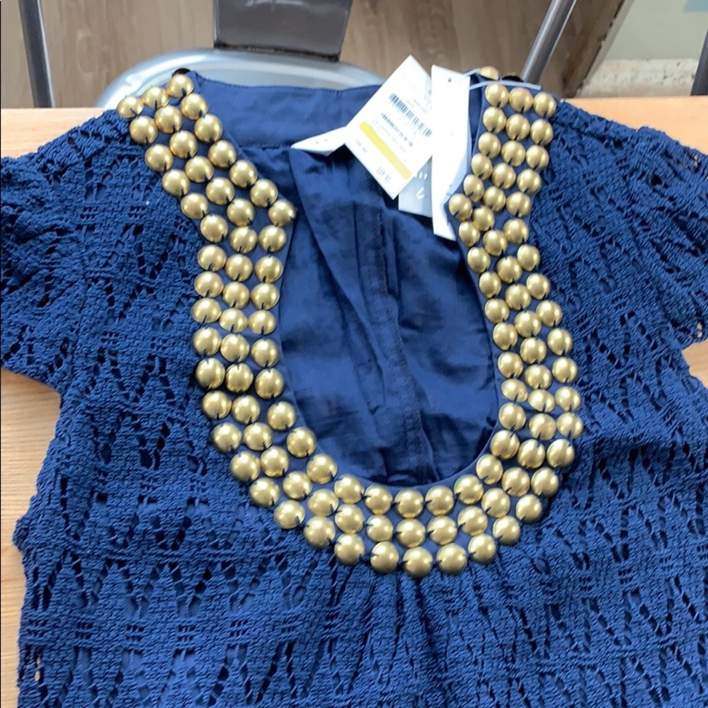 Trina Turk Navy Blue Mini Dress with Gold Beaded Collar